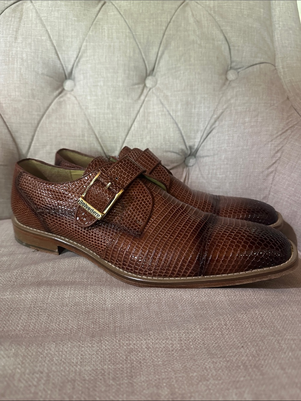 Belvedere Brown Lizard-Texture Monk Strap Loafers with Gold Buckle size 9